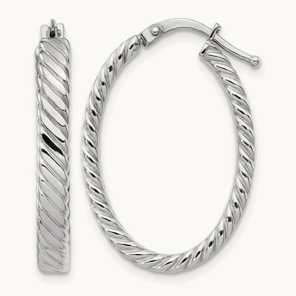 Large Patterned Oval Hoop Earrings, 3mm, 14K White Gold