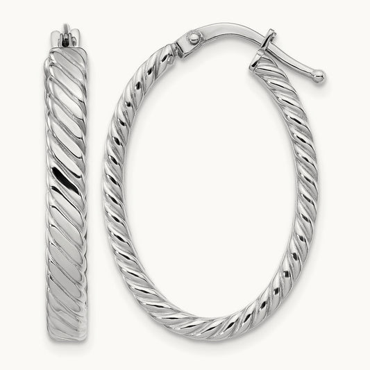 Large Patterned Oval Hoop Earrings, 3mm, 14K White Gold