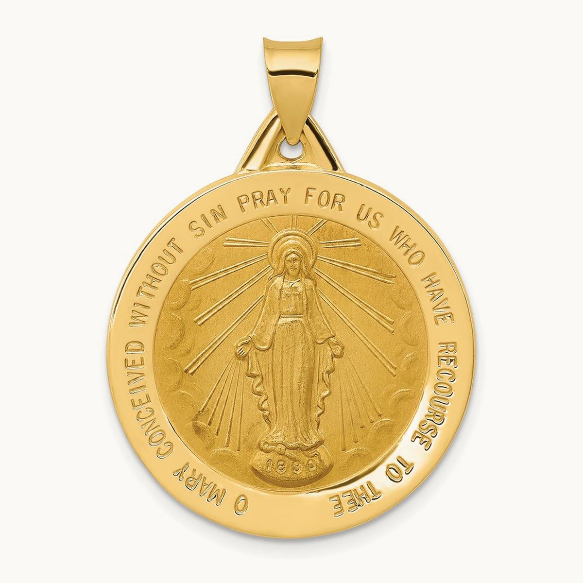 Polished and Satin Miraculous Medal Hollow Pendant, 14K