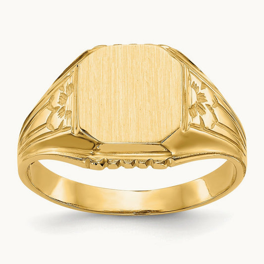 9.0x9. Open Back Floral Signet Ring, 0mm, 14K