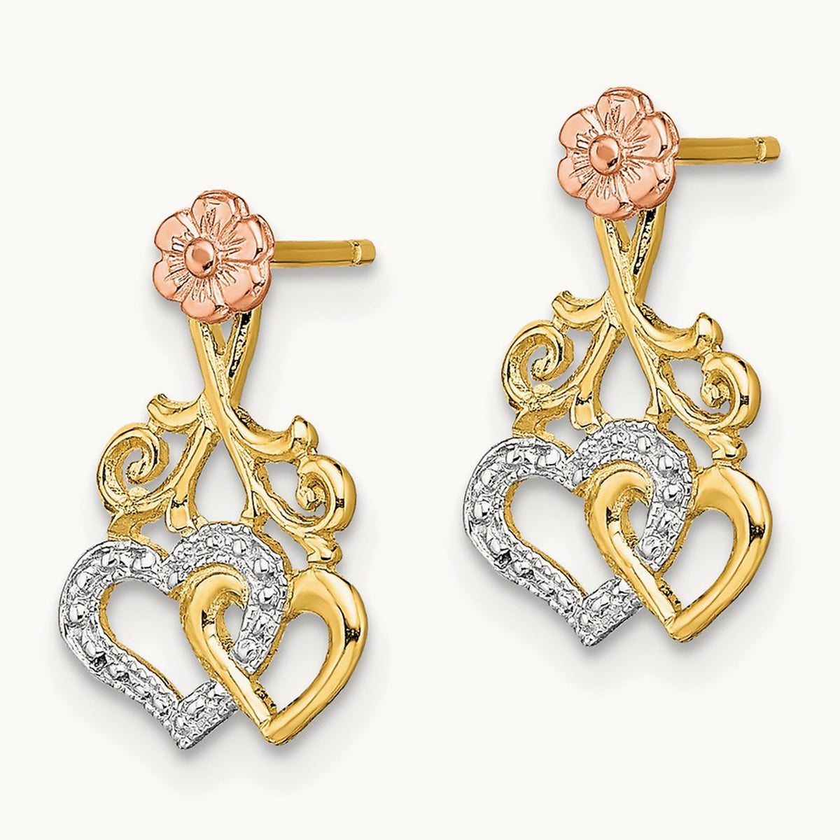 w/White Rhodium Hearts and Flower Post Earrings, 14K Two-tone