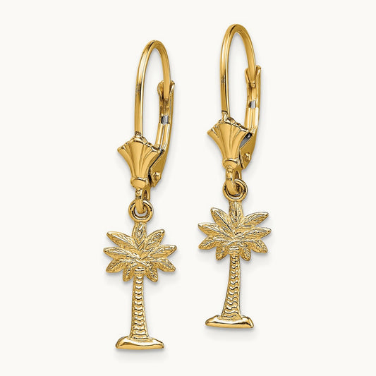 Mini Palmetto Palm Tree Leverback Earrings, 14K
