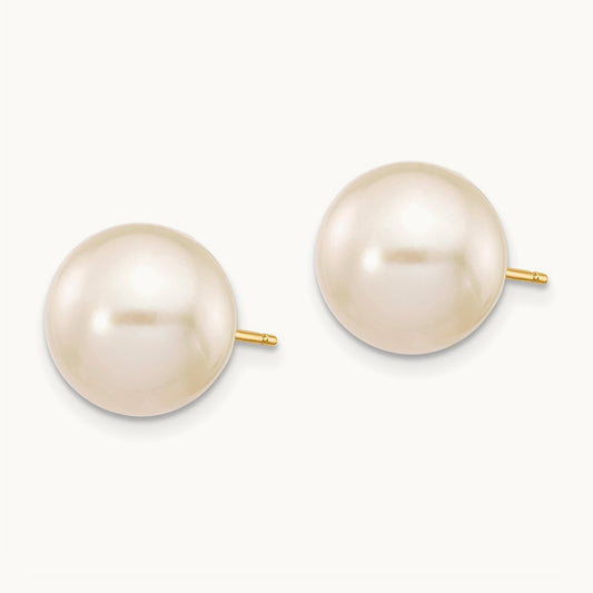 10- White Round Freshwater Cultured Pearl Stud Post Earrings, 11mm, 14K