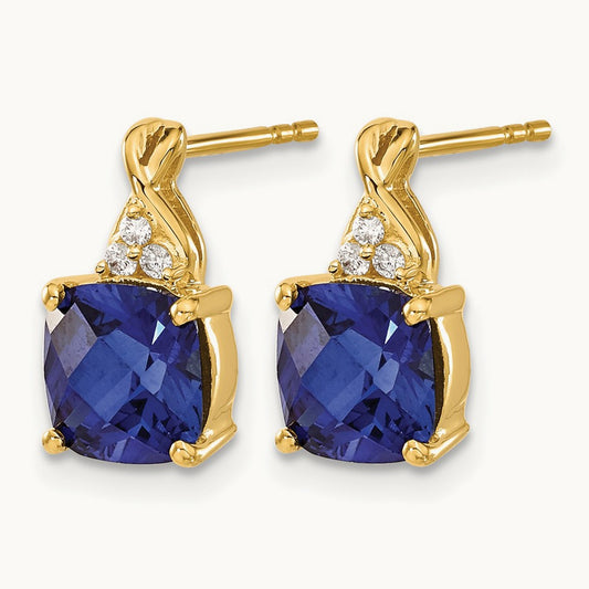 Checkerboard Created Sapphire and Diamond Earrings, 14K