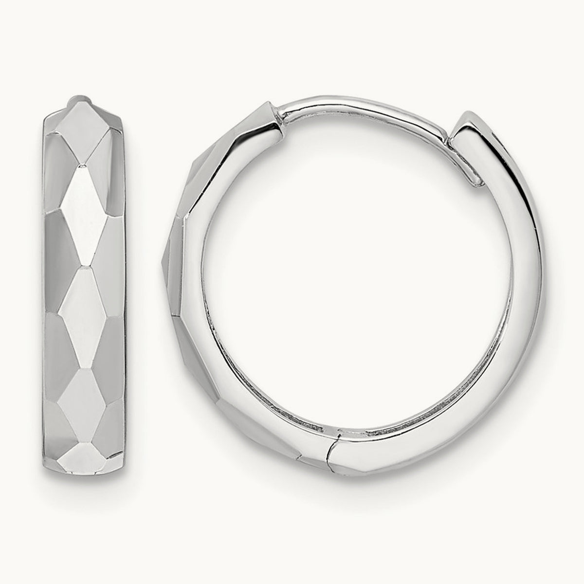 Polished Faceted Hinged Hoop Earrings — 14K White Gold, 3x15mm