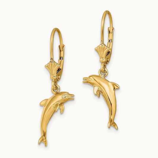 3-D Dolphin Jumping Leverback Earrings, 14K