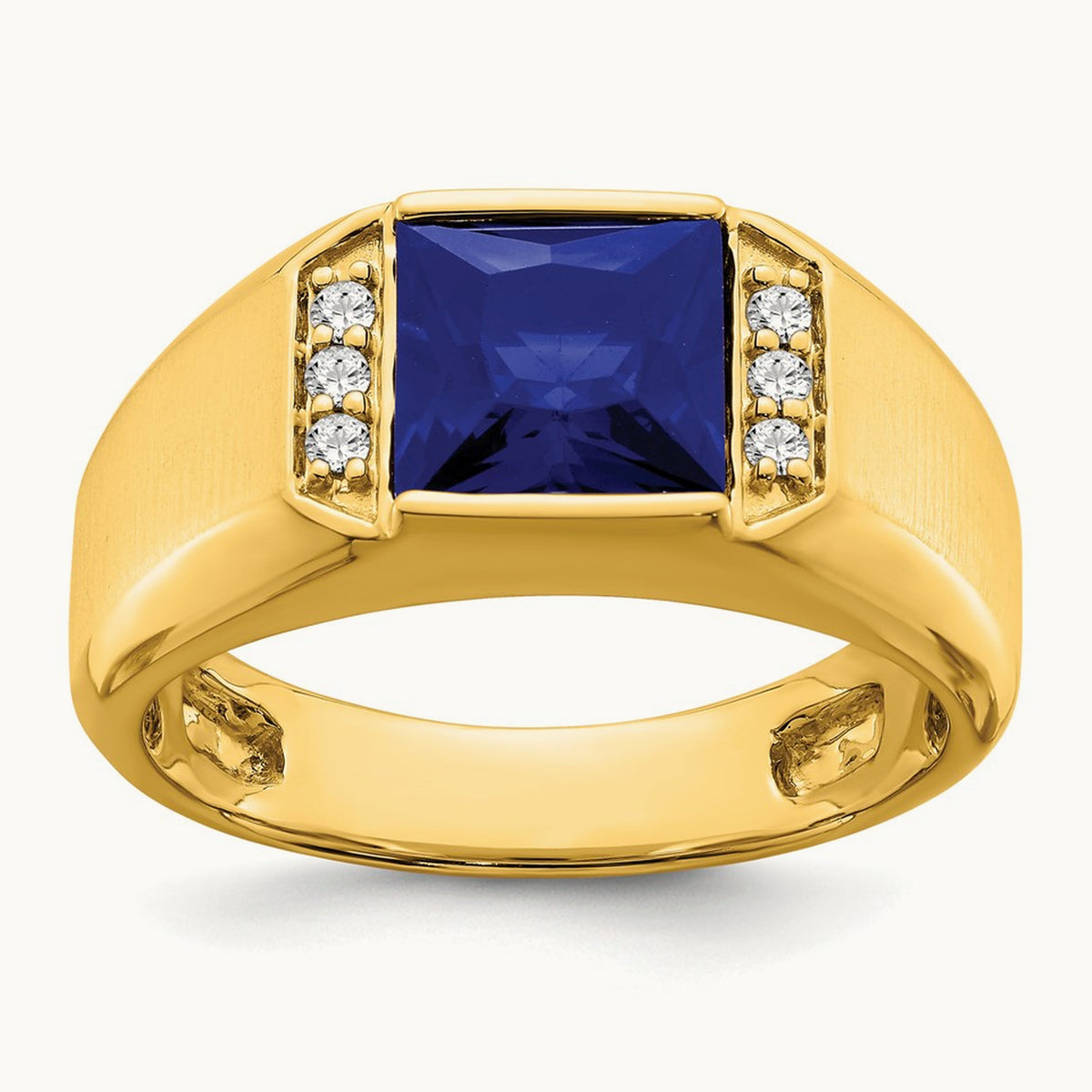 Square Created Sapphire and Diamond Mens Ring, 14K
