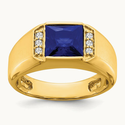 Square Created Sapphire and Diamond Mens Ring, 14K