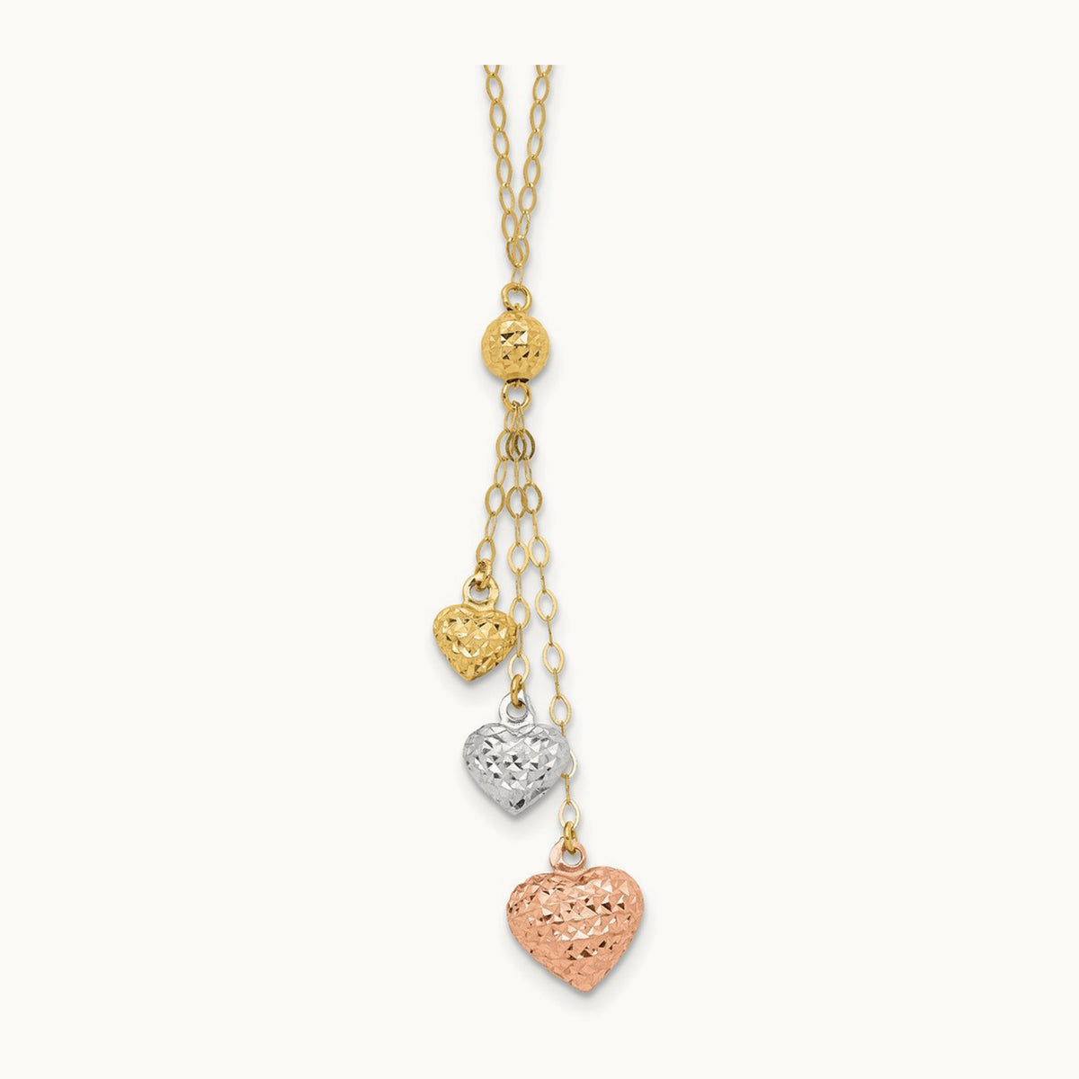 Tri-color Puff Heart Lariat with 2in ext Necklace, 14K