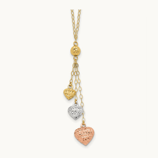 Tri-color Puff Heart Lariat with 2in ext Necklace, 14K