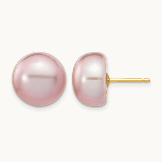 11- Purple Button Freshwater Cultured Pearl Stud Post Earrings, 12mm, 14K