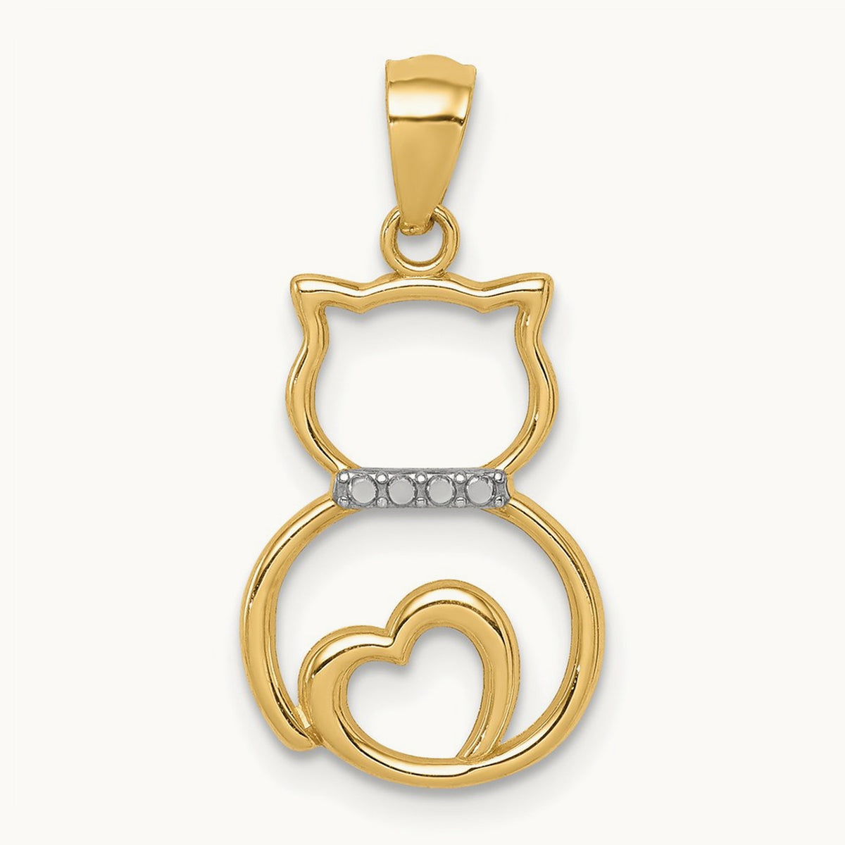 Rhodium Diamond-cut Sitting Cat Pendant, 14K White