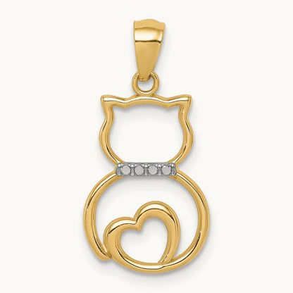 Rhodium Diamond-cut Sitting Cat Pendant, 14K White