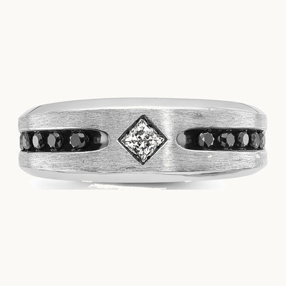 IBGoodman 14K White Gold with Black Rhodium Polished Satin and Grooved 1/2 Carat AA Quality Black and White Diamond Ring