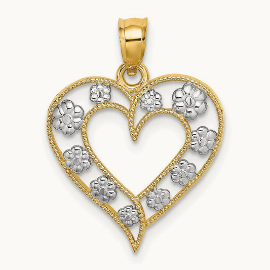 Textured Cut-Out Heart w/ Flowers Charm, 14K Two-tone
