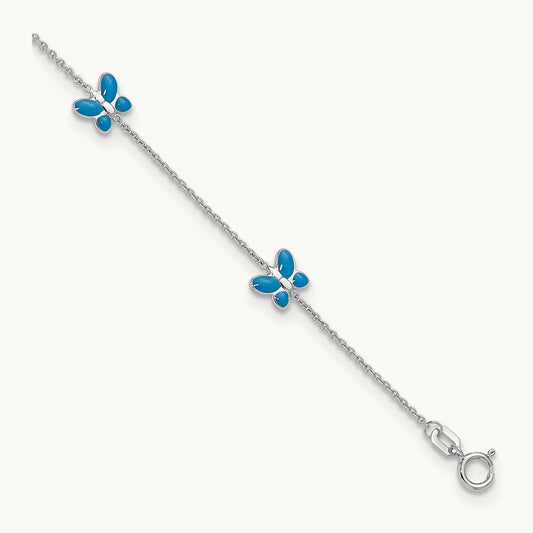Blue Enameled Butterfly 10inch Anklet, 14K White Gold