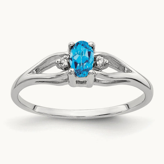5x3mm Oval Blue Topaz AA Diamond ring, 14K White Gold