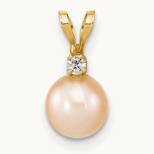 6- Round Pink Freshwater Cultured Pearl Diamond Pendant, 7mm, 14K