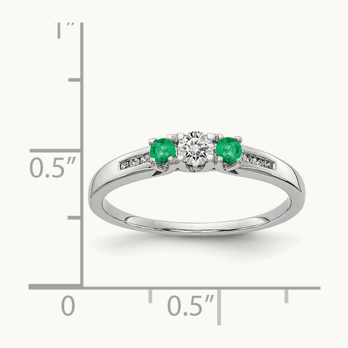 Diamond and Emerald 3-stone Ring, 14K White Gold