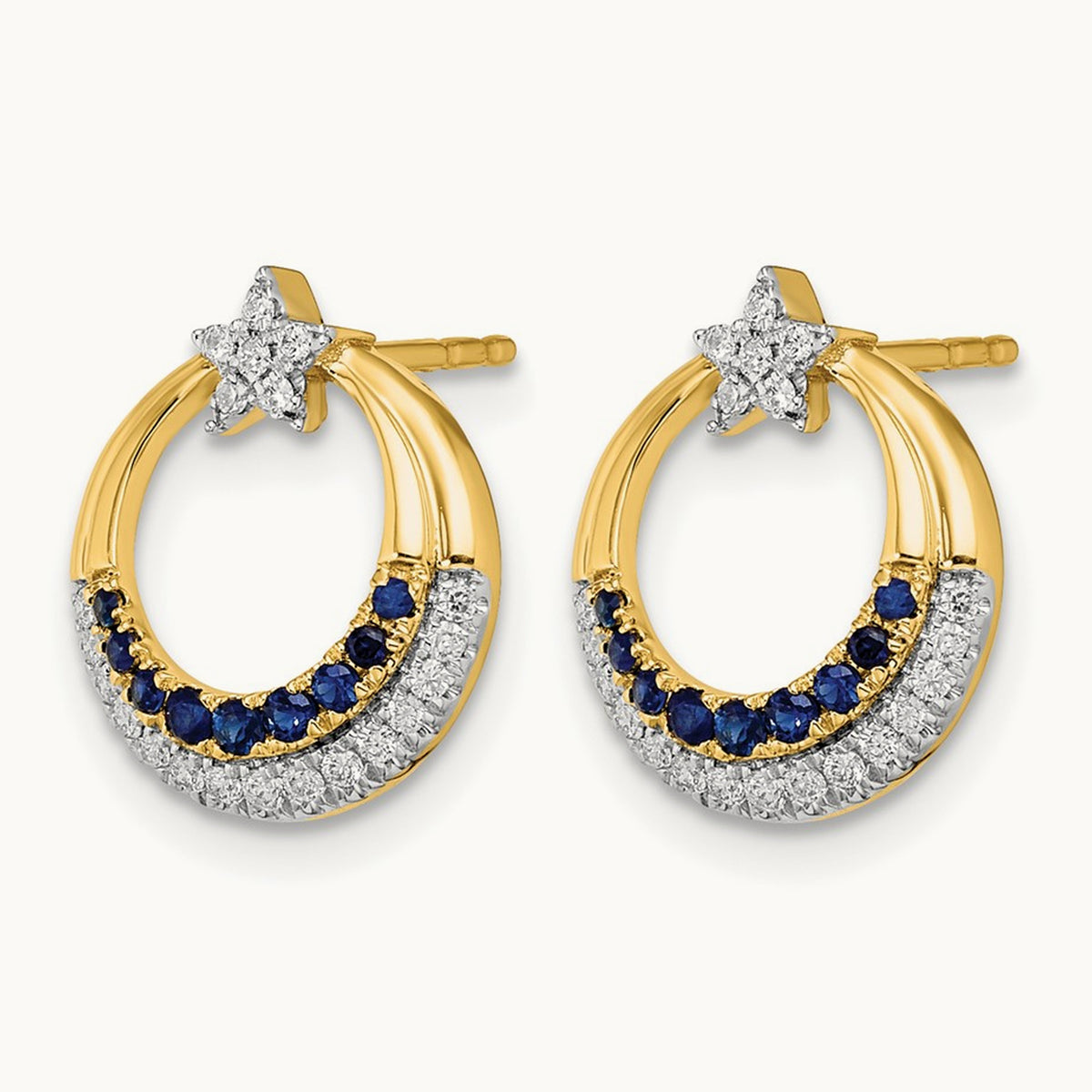 Polished Sapphire and Diamond Star and Circle Post Earrings, 14K