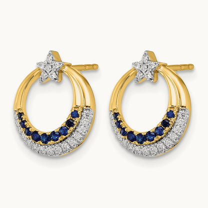 Polished Sapphire and Diamond Star and Circle Post Earrings, 14K