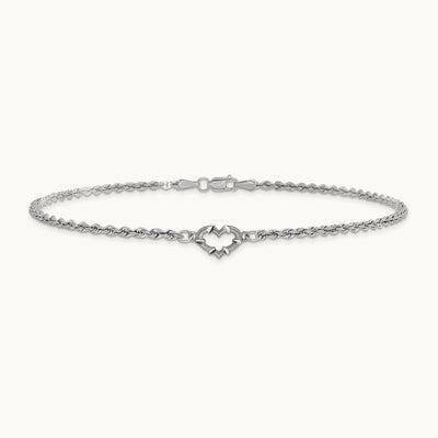 Diamond-cut Hollow Rope with Heart 9in Anklet, 14K White Gold