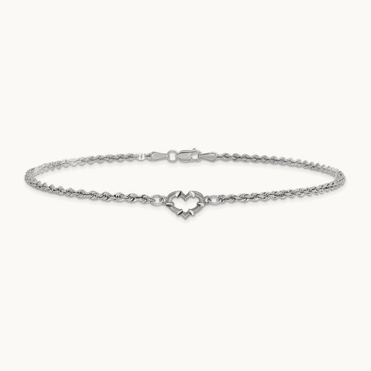 Diamond-cut Hollow Rope with Heart 9in Anklet, 14K White Gold