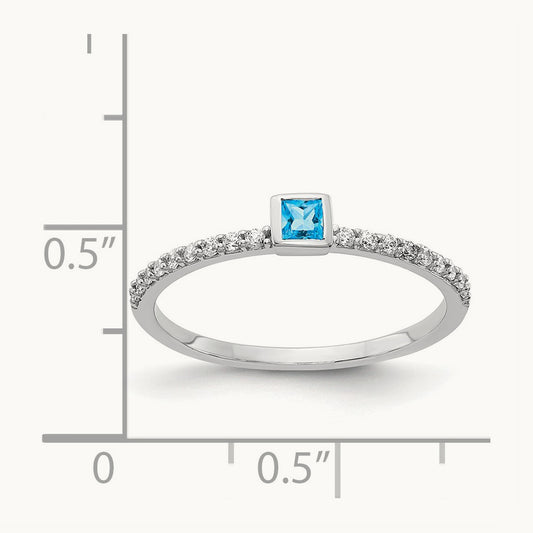 Diamond and Princess Blue Topaz Ring, 14K White Gold