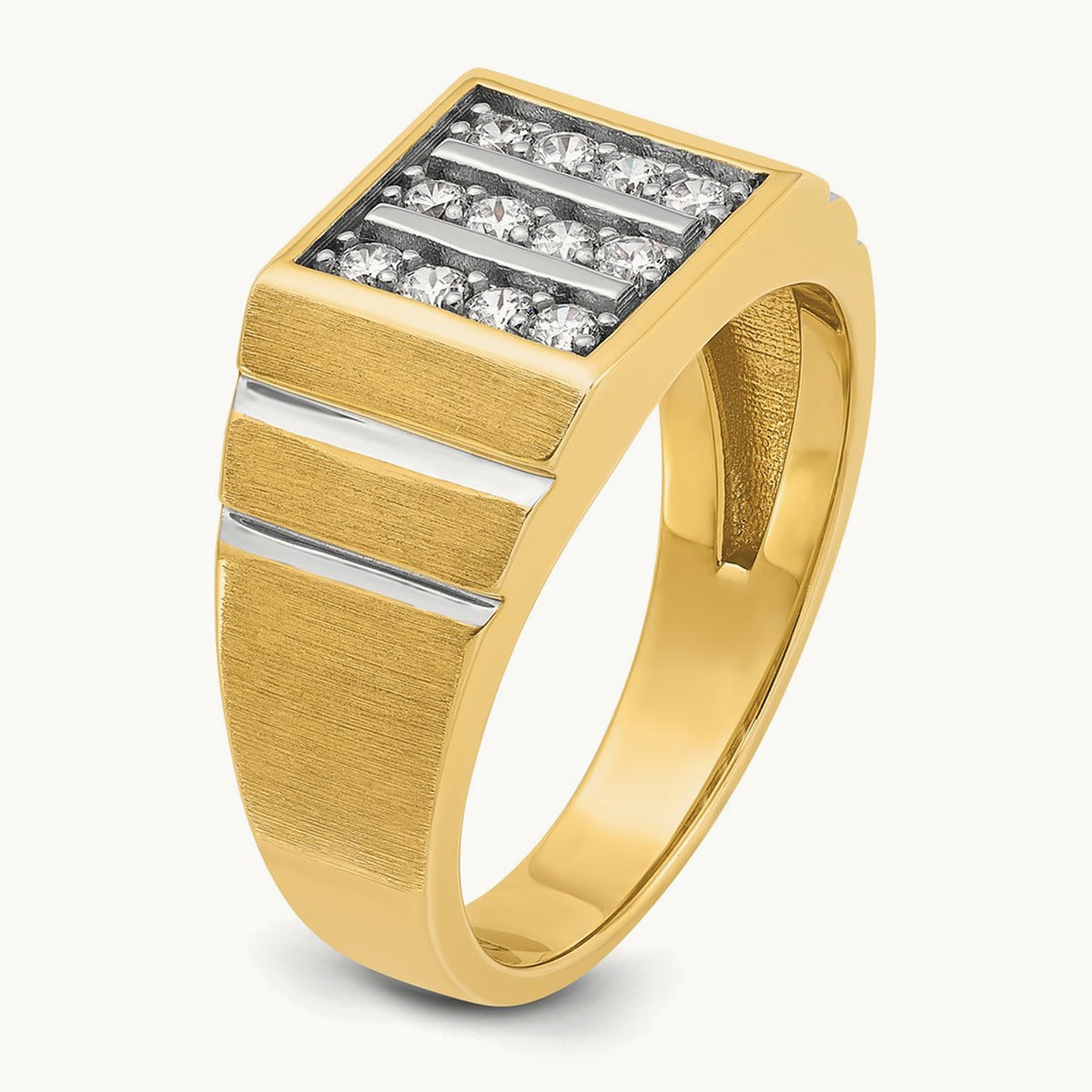 w/ White RH IBGoodman Men's Satin & Grooved 3-Row Diamond Ring, 14K