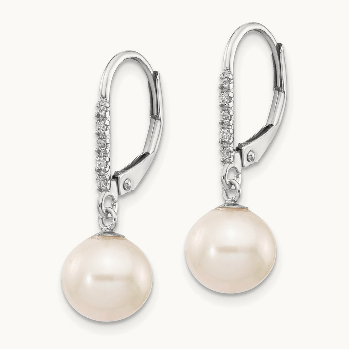 Round Freshwater Cultured Pearl Diamond Leverback Earrings — 14K White Gold