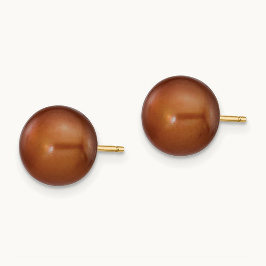 8- Brown Button Freshwater Cultured Pearl Stud Post Earrings, 9mm, 14K