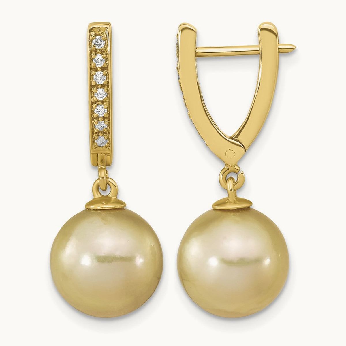10- Round Golden Saltwater South Sea Pearl .105ct. Dia. Dangle Earr, 11mm, 14K