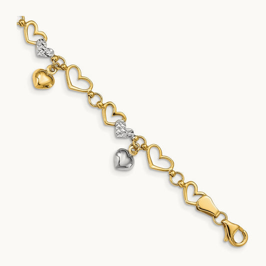 & White Rhodium Polished Heart D/C Bracelet, 14K