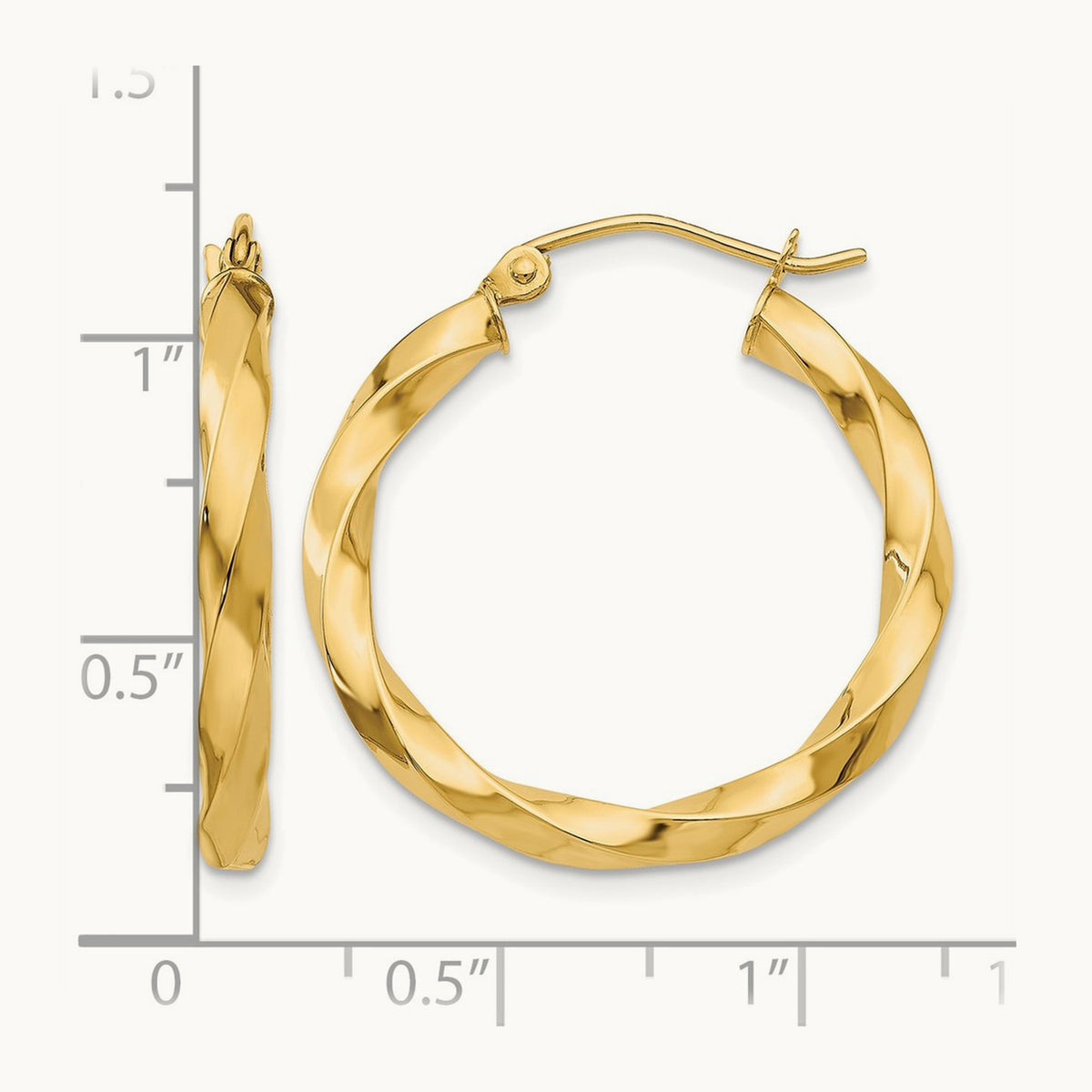 Square Tube Twisted Hoop Earrings — 14K Yellow Gold, 25mm, 3mm