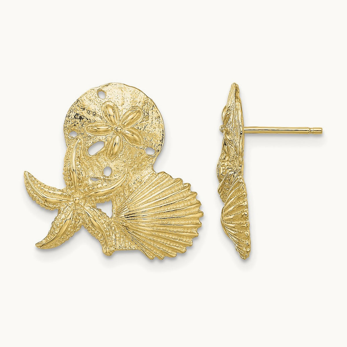Sand Dollar, Starfish, ,Scallop Cluster Post Earrings, 14K