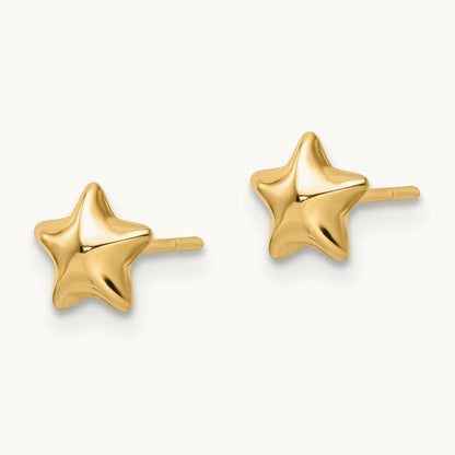 Polished Small Puffed Star Post Earrings — 14K Yellow Gold