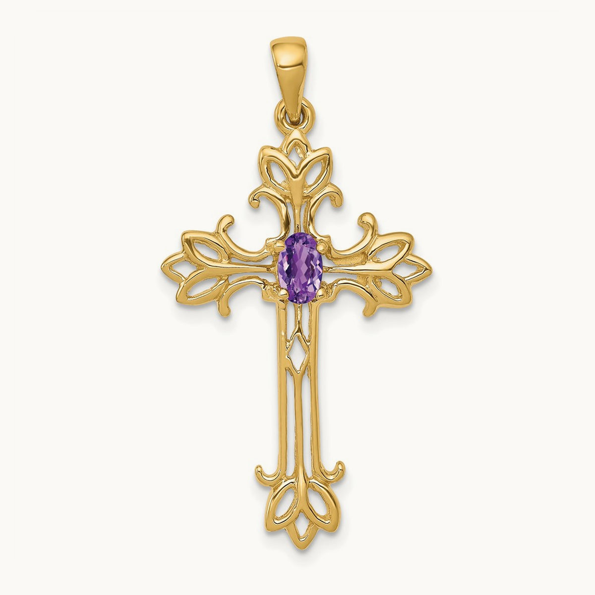 Polished Amethyst Cross Pendant, 14K