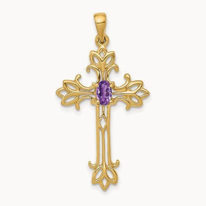 Polished Amethyst Cross Pendant, 14K