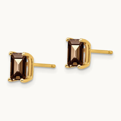 6x4 Octagon Checker-Cut Smoky Quartz Earrings, 14K