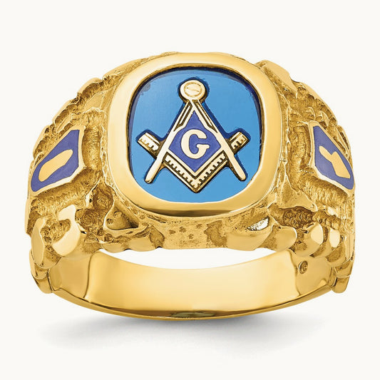 IBGoodman Men's Nugget Texture & Created Sapphire Masonic Ring, 14K