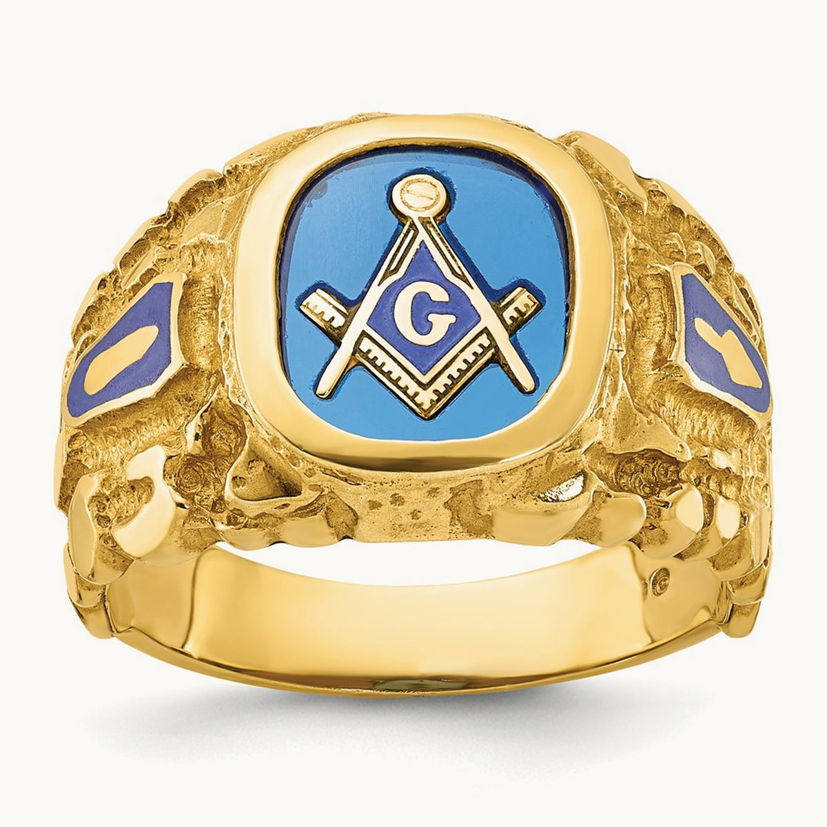 IBGoodman Men's Nugget Texture & Created Sapphire Masonic Ring, 14K