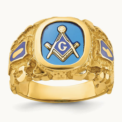IBGoodman Men's Nugget Texture & Created Sapphire Masonic Ring, 14K