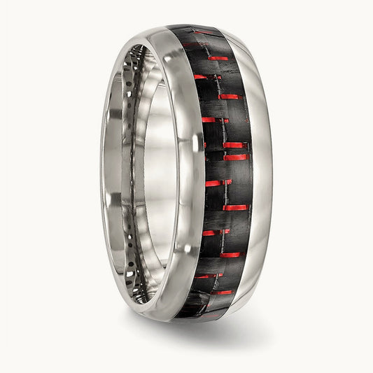 Polished Black/Red Carbon Fiber Inlay Band, 8mm, Stainless Steel