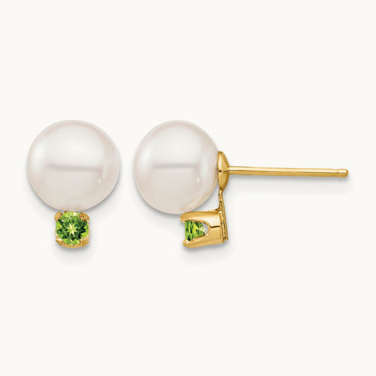 7- White Round Freshwater Cultured Pearl Peridot Post Earrings, 7.5mm, 14K