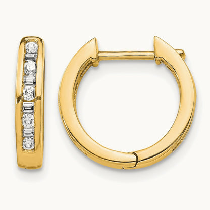 Round/Baguette Diamond Hinged Hoop Earrings — 14K Yellow Gold