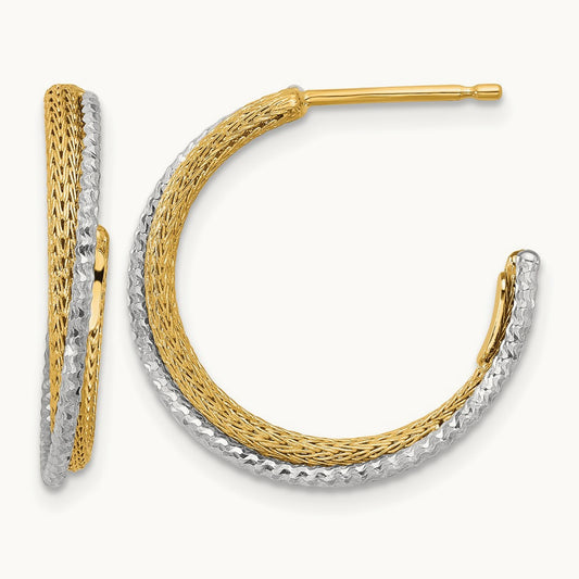 w/Rhodium Polished/Textured/Dia-cut J-Hoop Earrings, 14K — Leslie's