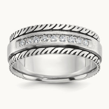 w/ Black RH IBGoodman Men's Polished Satin Grooved Diamond Ring, 14K White Gold