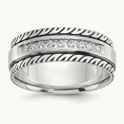 w/ Black RH IBGoodman Men's Polished Satin Grooved Diamond Ring, 14K White Gold