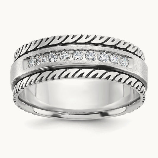 w/ Black RH IBGoodman Men's Polished Satin Grooved Diamond Ring, 14K White Gold