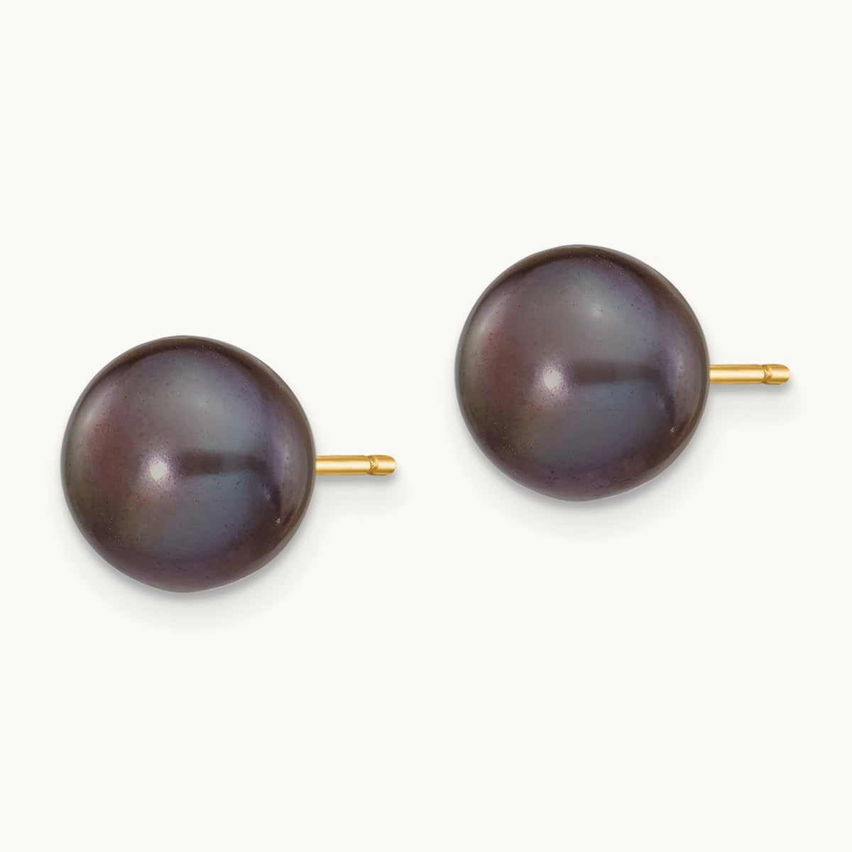 Black Button Freshwater Cultured Pearl Stud Post Earrings — 14K Yellow Gold